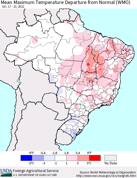 Brazil Mean Maximum Temperature Departure from Normal (WMO) Thematic Map For 10/17/2022 - 10/23/2022