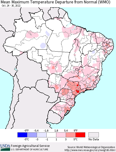 Brazil Mean Maximum Temperature Departure from Normal (WMO) Thematic Map For 10/24/2022 - 10/30/2022