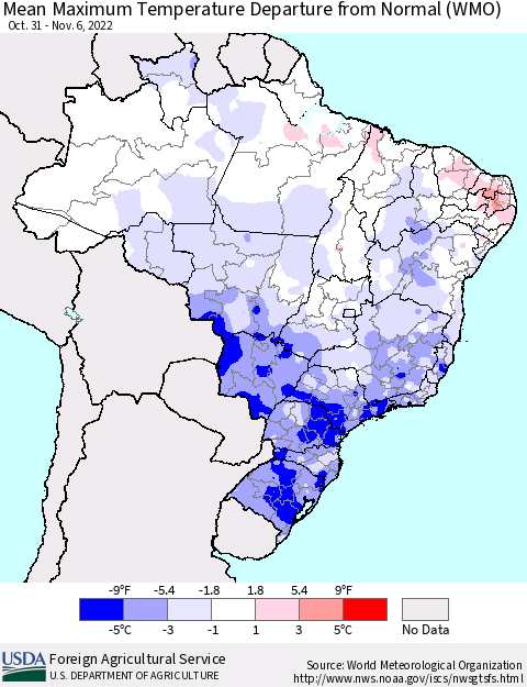 Brazil Mean Maximum Temperature Departure from Normal (WMO) Thematic Map For 10/31/2022 - 11/6/2022