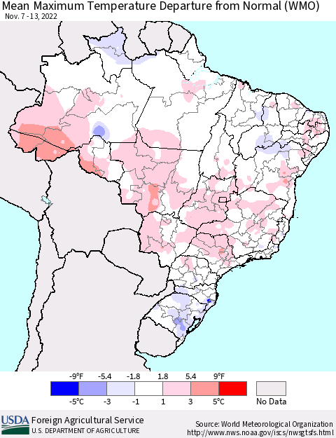 Brazil Mean Maximum Temperature Departure from Normal (WMO) Thematic Map For 11/7/2022 - 11/13/2022