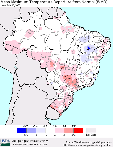 Brazil Mean Maximum Temperature Departure from Normal (WMO) Thematic Map For 11/14/2022 - 11/20/2022