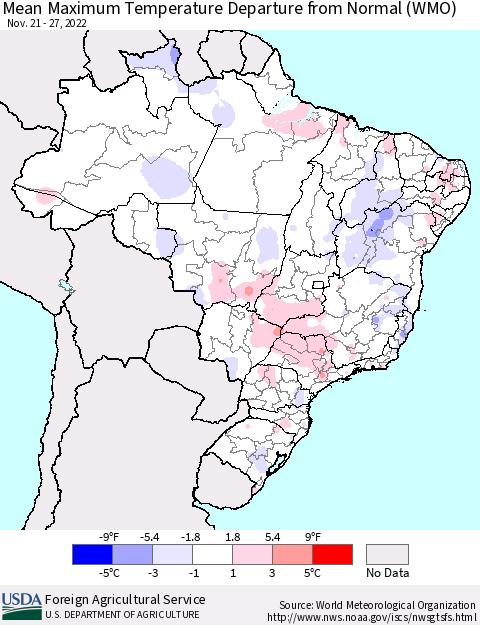 Brazil Mean Maximum Temperature Departure from Normal (WMO) Thematic Map For 11/21/2022 - 11/27/2022