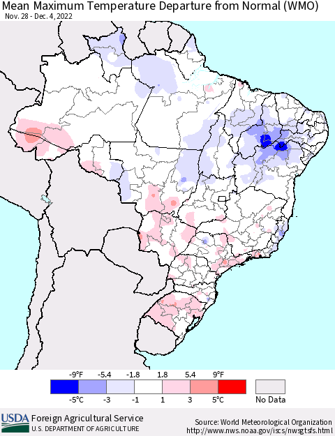Brazil Mean Maximum Temperature Departure from Normal (WMO) Thematic Map For 11/28/2022 - 12/4/2022