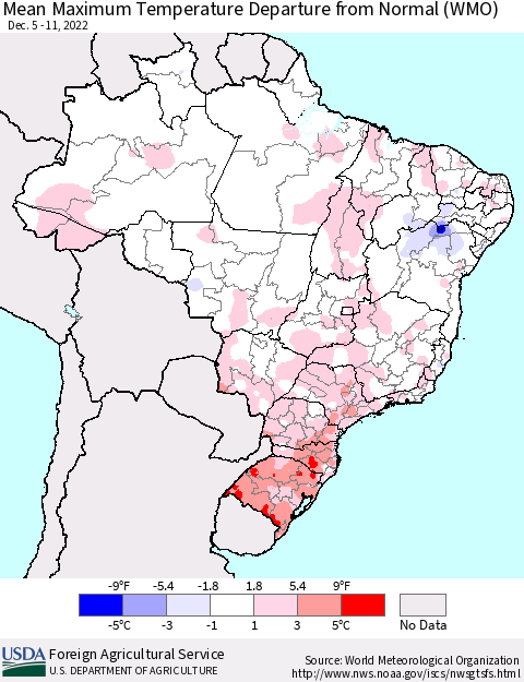 Brazil Mean Maximum Temperature Departure from Normal (WMO) Thematic Map For 12/5/2022 - 12/11/2022