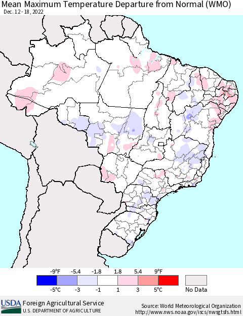 Brazil Mean Maximum Temperature Departure from Normal (WMO) Thematic Map For 12/12/2022 - 12/18/2022