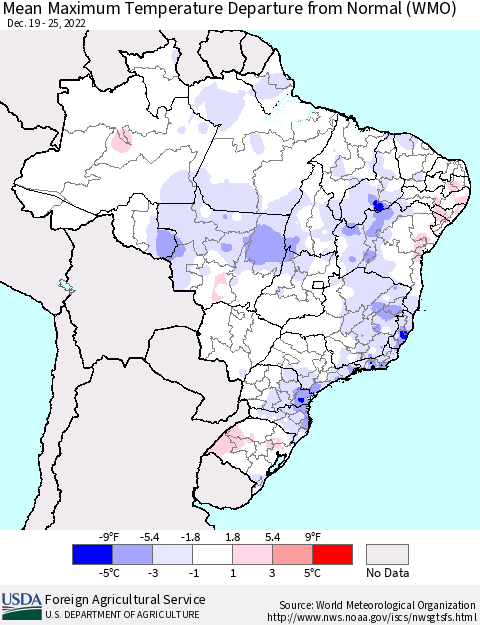 Brazil Mean Maximum Temperature Departure from Normal (WMO) Thematic Map For 12/19/2022 - 12/25/2022