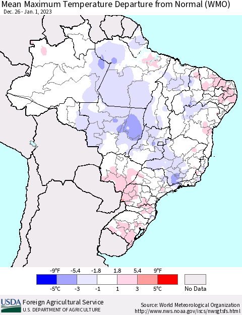 Brazil Mean Maximum Temperature Departure from Normal (WMO) Thematic Map For 12/26/2022 - 1/1/2023