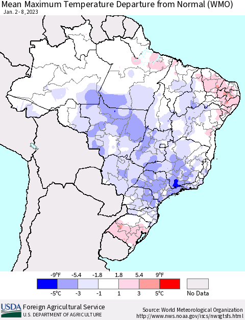 Brazil Mean Maximum Temperature Departure from Normal (WMO) Thematic Map For 1/2/2023 - 1/8/2023
