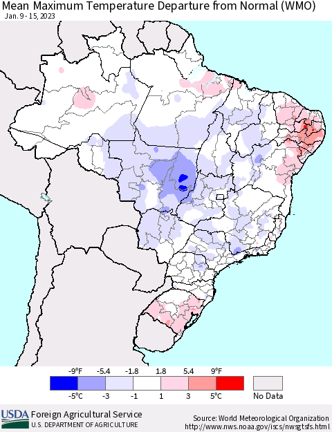 Brazil Mean Maximum Temperature Departure from Normal (WMO) Thematic Map For 1/9/2023 - 1/15/2023