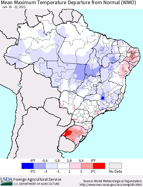 Brazil Mean Maximum Temperature Departure from Normal (WMO) Thematic Map For 1/16/2023 - 1/22/2023