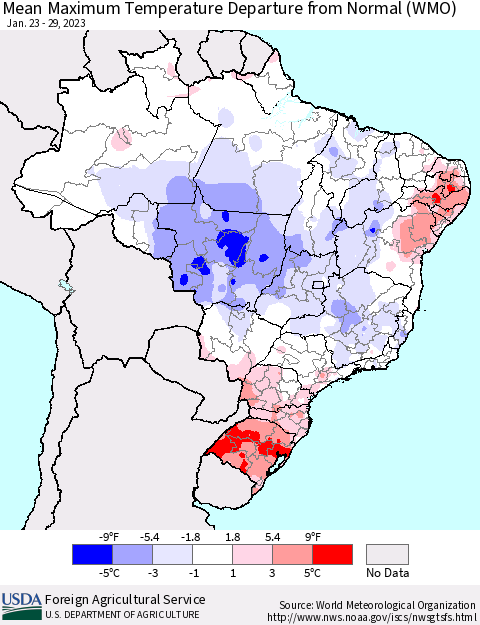 Brazil Mean Maximum Temperature Departure from Normal (WMO) Thematic Map For 1/23/2023 - 1/29/2023