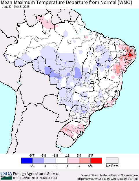 Brazil Mean Maximum Temperature Departure from Normal (WMO) Thematic Map For 1/30/2023 - 2/5/2023