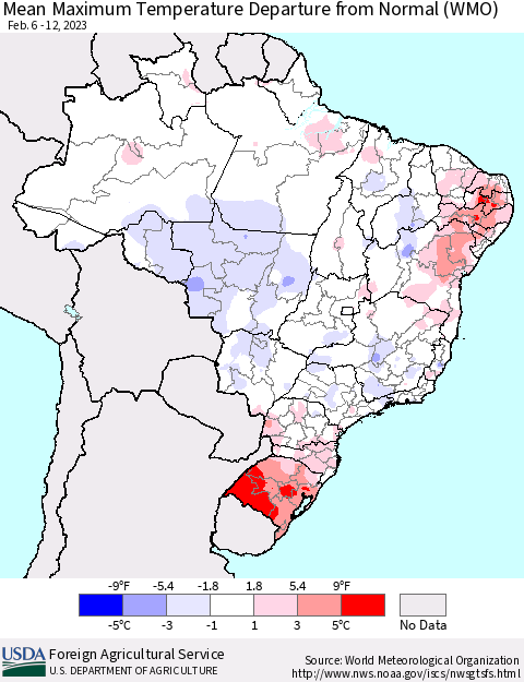 Brazil Mean Maximum Temperature Departure from Normal (WMO) Thematic Map For 2/6/2023 - 2/12/2023