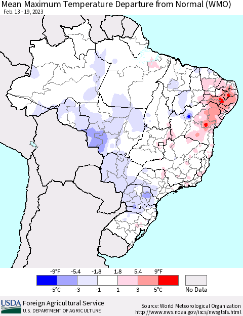 Brazil Mean Maximum Temperature Departure from Normal (WMO) Thematic Map For 2/13/2023 - 2/19/2023