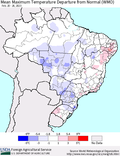 Brazil Mean Maximum Temperature Departure from Normal (WMO) Thematic Map For 2/20/2023 - 2/26/2023