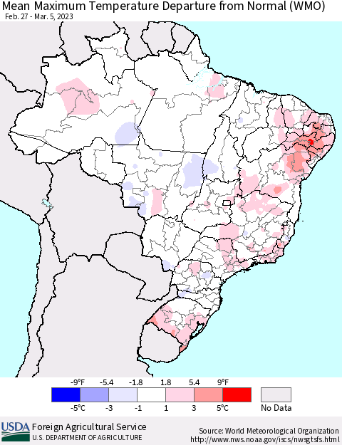 Brazil Mean Maximum Temperature Departure from Normal (WMO) Thematic Map For 2/27/2023 - 3/5/2023