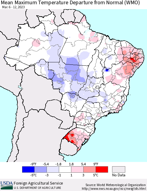 Brazil Mean Maximum Temperature Departure from Normal (WMO) Thematic Map For 3/6/2023 - 3/12/2023
