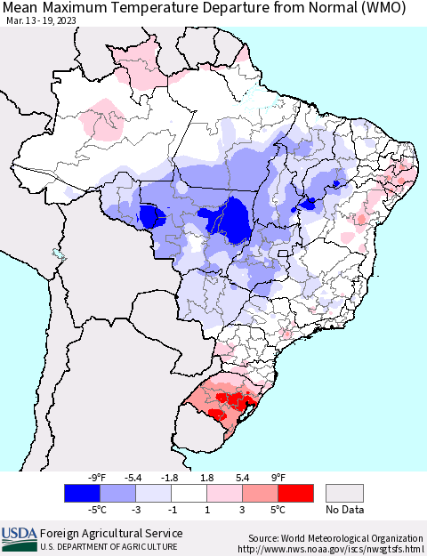Brazil Mean Maximum Temperature Departure from Normal (WMO) Thematic Map For 3/13/2023 - 3/19/2023