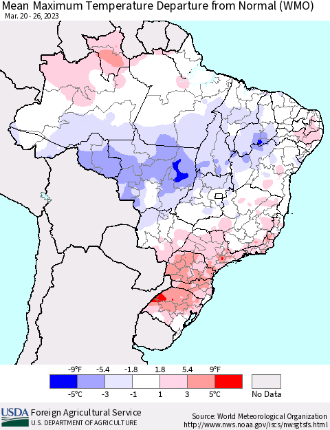 Brazil Mean Maximum Temperature Departure from Normal (WMO) Thematic Map For 3/20/2023 - 3/26/2023
