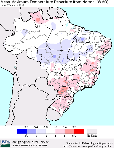 Brazil Mean Maximum Temperature Departure from Normal (WMO) Thematic Map For 3/27/2023 - 4/2/2023