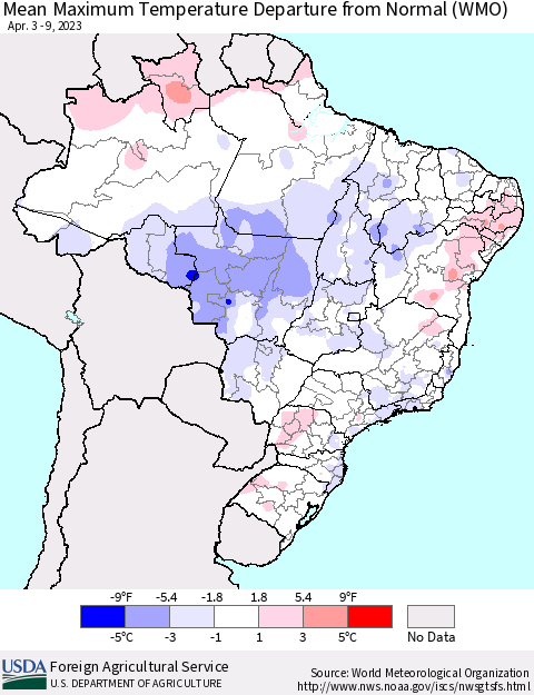 Brazil Mean Maximum Temperature Departure from Normal (WMO) Thematic Map For 4/3/2023 - 4/9/2023