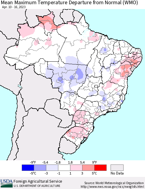 Brazil Mean Maximum Temperature Departure from Normal (WMO) Thematic Map For 4/10/2023 - 4/16/2023