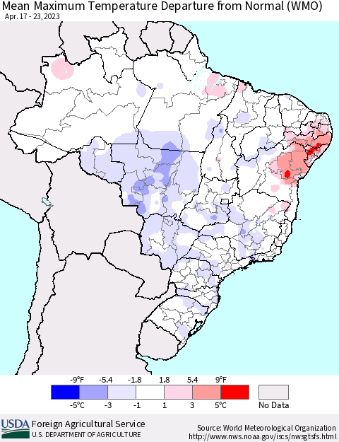 Brazil Mean Maximum Temperature Departure from Normal (WMO) Thematic Map For 4/17/2023 - 4/23/2023