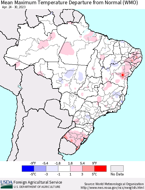 Brazil Mean Maximum Temperature Departure from Normal (WMO) Thematic Map For 4/24/2023 - 4/30/2023