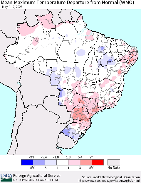 Brazil Mean Maximum Temperature Departure from Normal (WMO) Thematic Map For 5/1/2023 - 5/7/2023