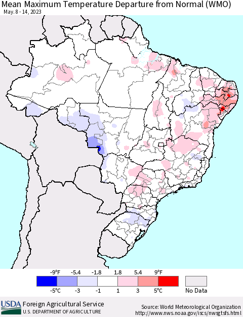 Brazil Mean Maximum Temperature Departure from Normal (WMO) Thematic Map For 5/8/2023 - 5/14/2023