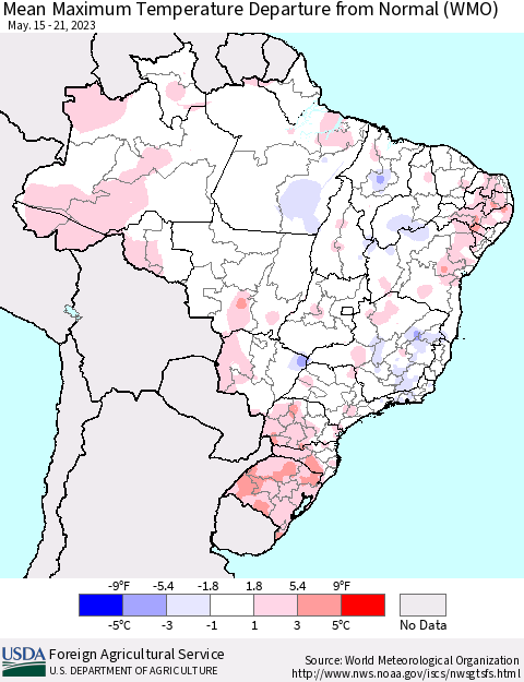 Brazil Mean Maximum Temperature Departure from Normal (WMO) Thematic Map For 5/15/2023 - 5/21/2023
