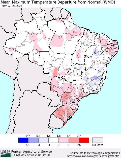 Brazil Mean Maximum Temperature Departure from Normal (WMO) Thematic Map For 5/22/2023 - 5/28/2023