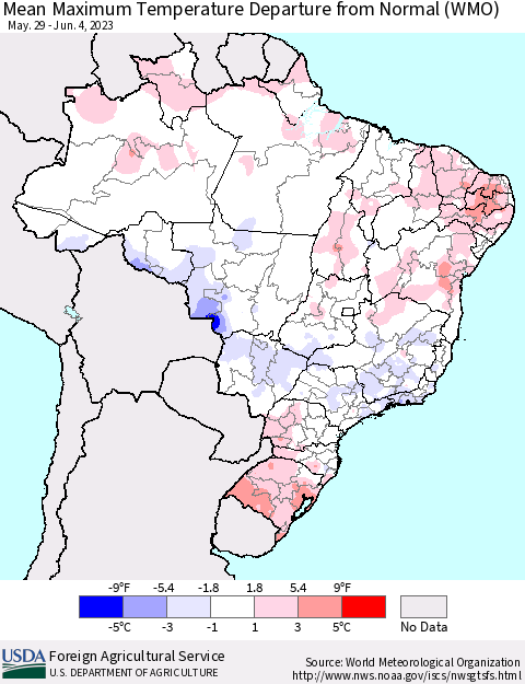 Brazil Mean Maximum Temperature Departure from Normal (WMO) Thematic Map For 5/29/2023 - 6/4/2023