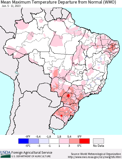 Brazil Mean Maximum Temperature Departure from Normal (WMO) Thematic Map For 6/5/2023 - 6/11/2023