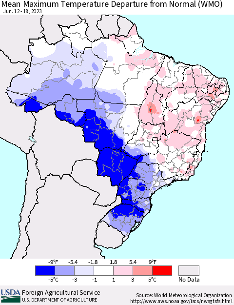 Brazil Mean Maximum Temperature Departure from Normal (WMO) Thematic Map For 6/12/2023 - 6/18/2023