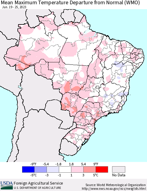 Brazil Mean Maximum Temperature Departure from Normal (WMO) Thematic Map For 6/19/2023 - 6/25/2023