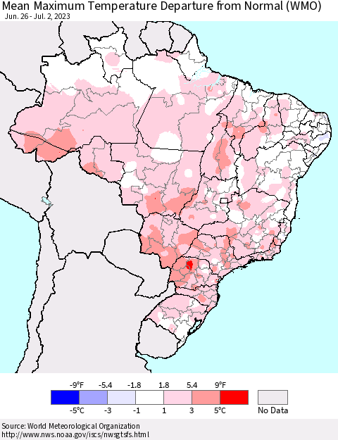 Brazil Mean Maximum Temperature Departure from Normal (WMO) Thematic Map For 6/26/2023 - 7/2/2023