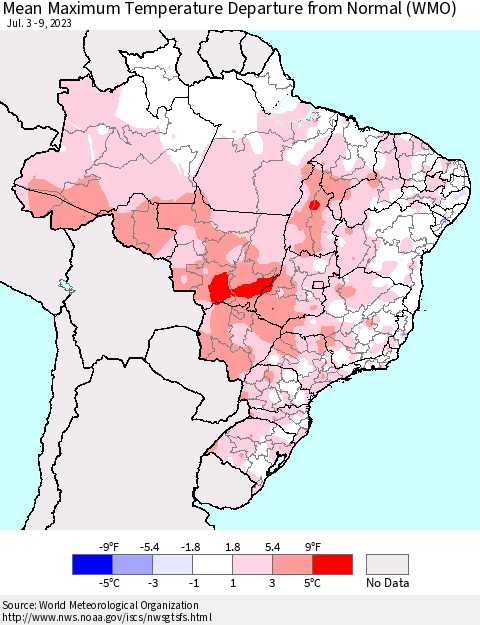 Brazil Mean Maximum Temperature Departure from Normal (WMO) Thematic Map For 7/3/2023 - 7/9/2023