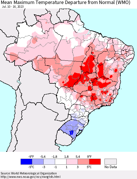 Brazil Mean Maximum Temperature Departure from Normal (WMO) Thematic Map For 7/10/2023 - 7/16/2023