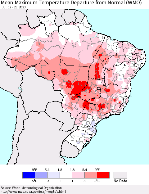 Brazil Mean Maximum Temperature Departure from Normal (WMO) Thematic Map For 7/17/2023 - 7/23/2023