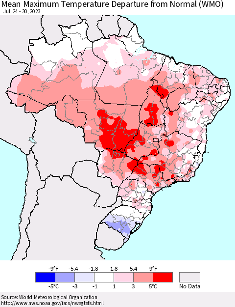 Brazil Mean Maximum Temperature Departure from Normal (WMO) Thematic Map For 7/24/2023 - 7/30/2023