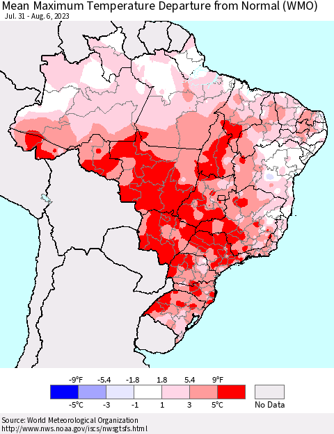 Brazil Mean Maximum Temperature Departure from Normal (WMO) Thematic Map For 7/31/2023 - 8/6/2023