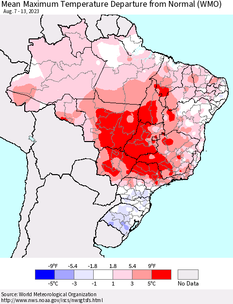 Brazil Mean Maximum Temperature Departure from Normal (WMO) Thematic Map For 8/7/2023 - 8/13/2023