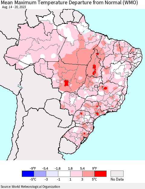 Brazil Mean Maximum Temperature Departure from Normal (WMO) Thematic Map For 8/14/2023 - 8/20/2023