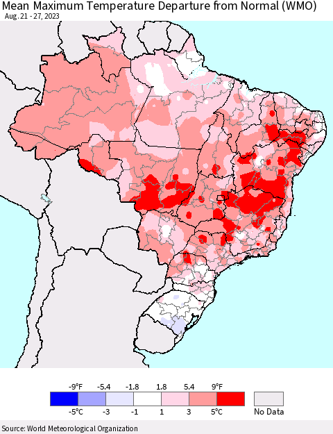 Brazil Mean Maximum Temperature Departure from Normal (WMO) Thematic Map For 8/21/2023 - 8/27/2023