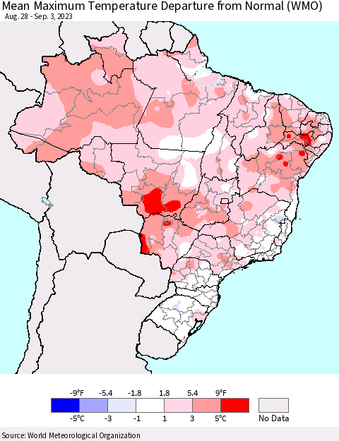 Brazil Mean Maximum Temperature Departure from Normal (WMO) Thematic Map For 8/28/2023 - 9/3/2023