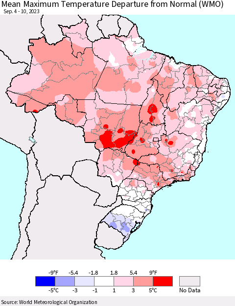 Brazil Mean Maximum Temperature Departure from Normal (WMO) Thematic Map For 9/4/2023 - 9/10/2023