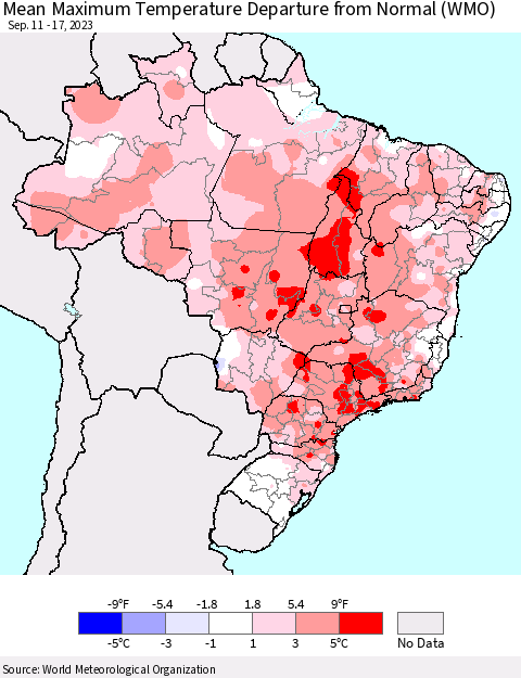 Brazil Mean Maximum Temperature Departure from Normal (WMO) Thematic Map For 9/11/2023 - 9/17/2023