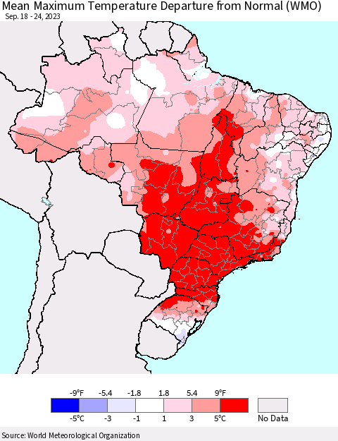 Brazil Mean Maximum Temperature Departure from Normal (WMO) Thematic Map For 9/18/2023 - 9/24/2023