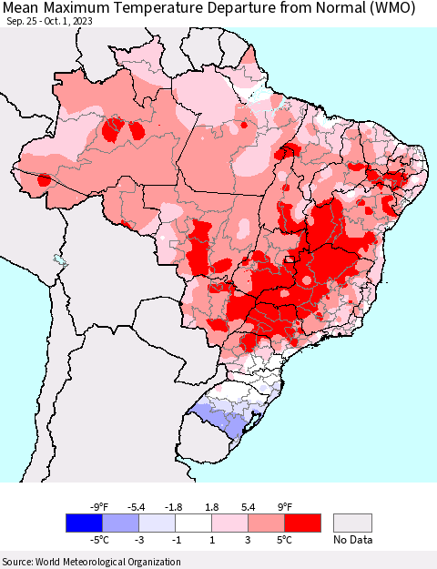Brazil Mean Maximum Temperature Departure from Normal (WMO) Thematic Map For 9/25/2023 - 10/1/2023